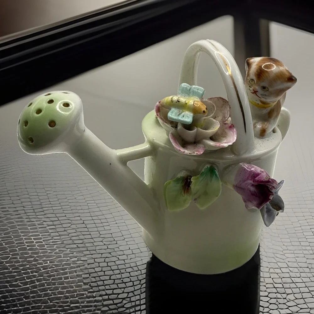 Vintage Lefton Mini Watering Can Creamer Cat Bee Hand Painted Japan